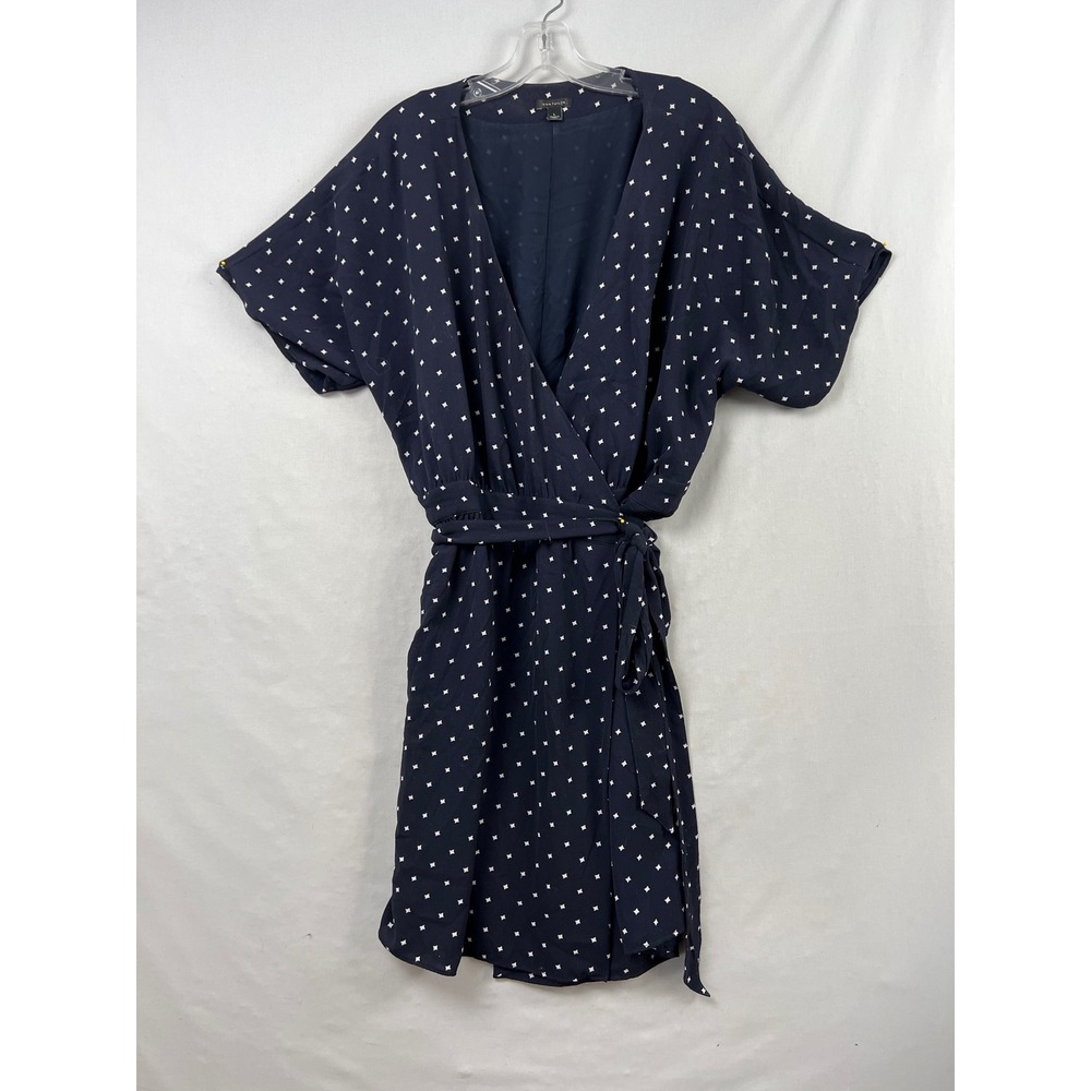 Ann Taylor Wrap Dress Womens Size L Navy Blue Diamond Print V-Neck Pockets